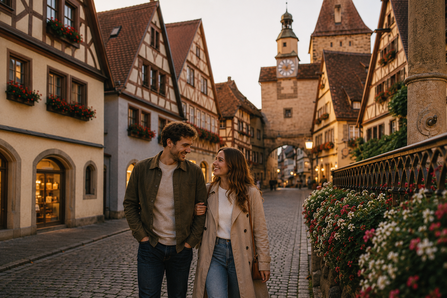 A couple strolling a cobbled old-town street at golden hour