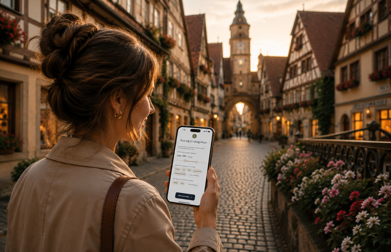 A traveler planning her trip with Tripp on her phone in an old town at golden hour
